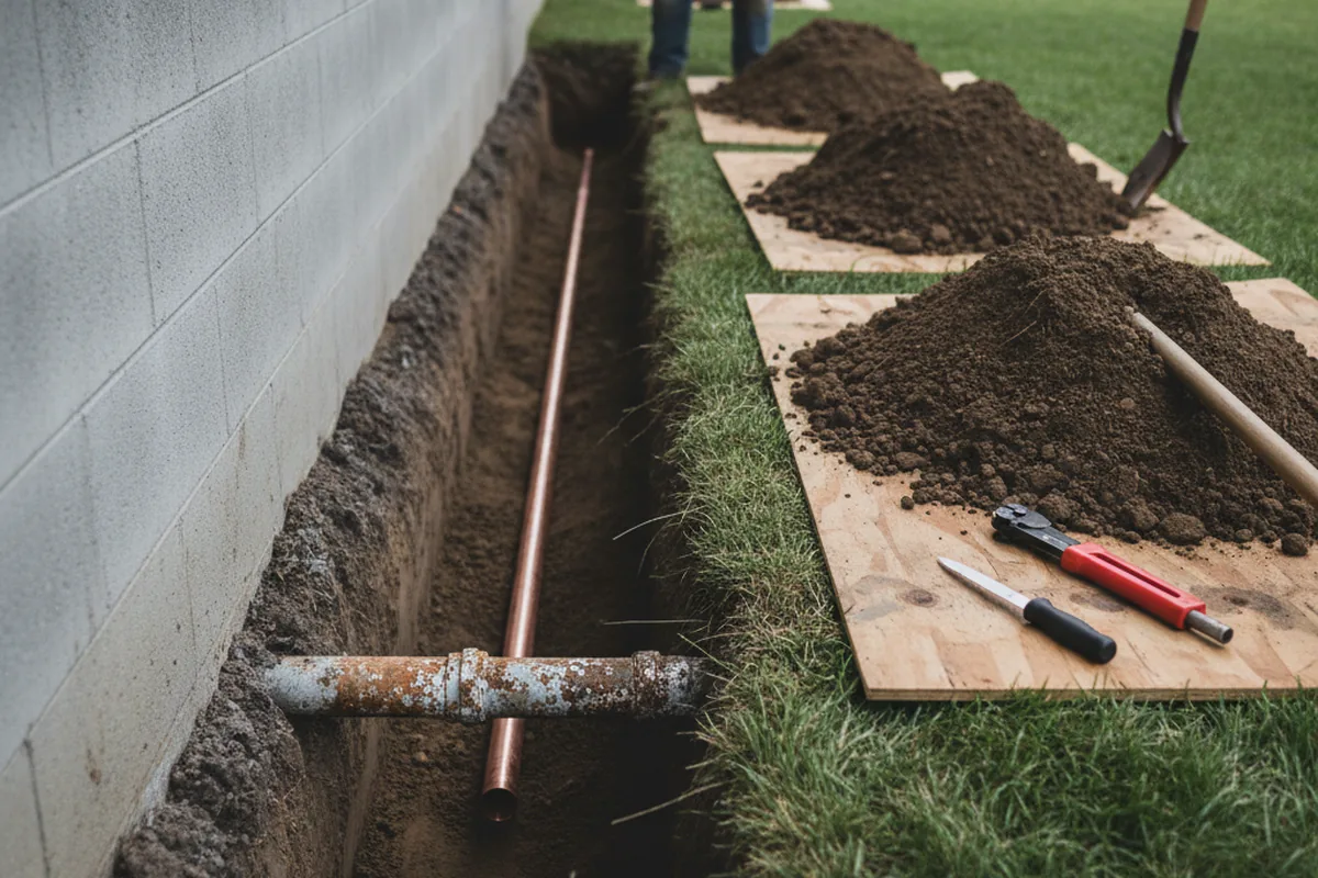 Excavated water line trench during Water Softener Installation in Oakes